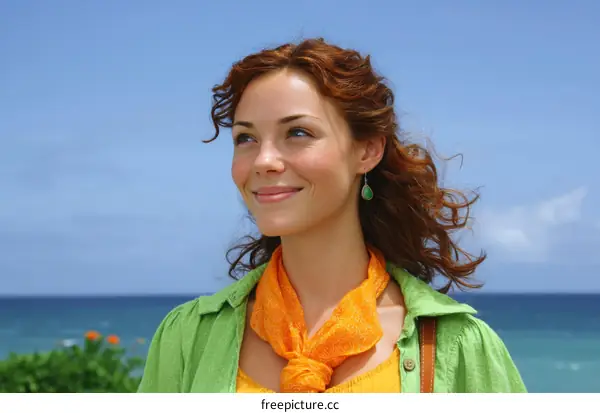 Smiling Woman with Curly Red Hair by the Ocean