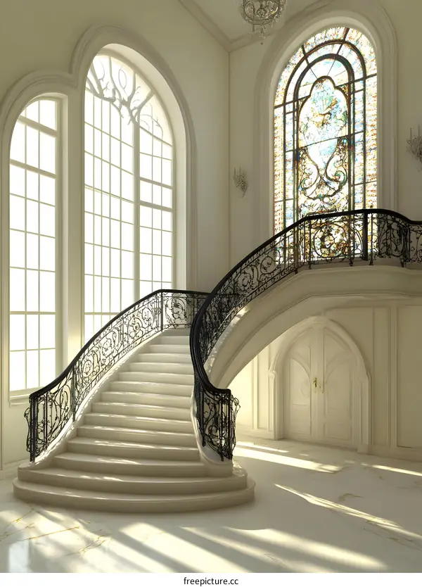 White Marble Stairs In A Grand Mansion With Stained Glass Windows