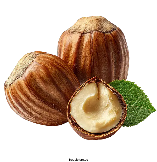 [Transparent Background PNG]Close-up Hazelnuts with Green Leaf