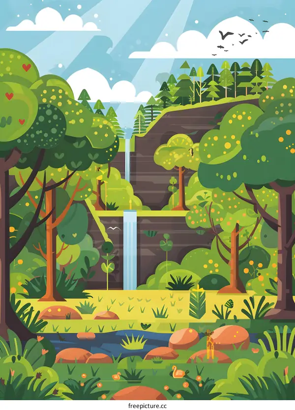 Green Forest Waterfall Landscape Illustration