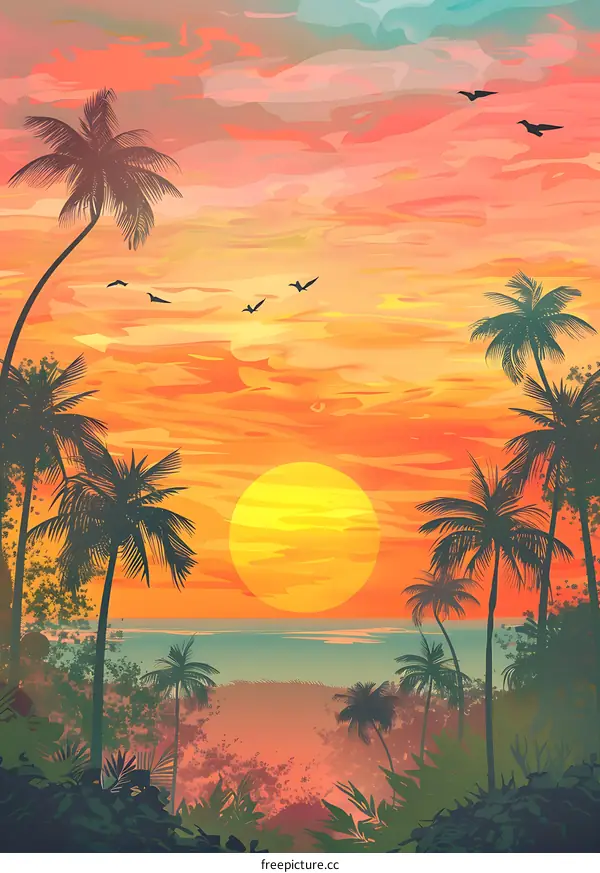 Tropical Sunset With Palm Trees And Birds