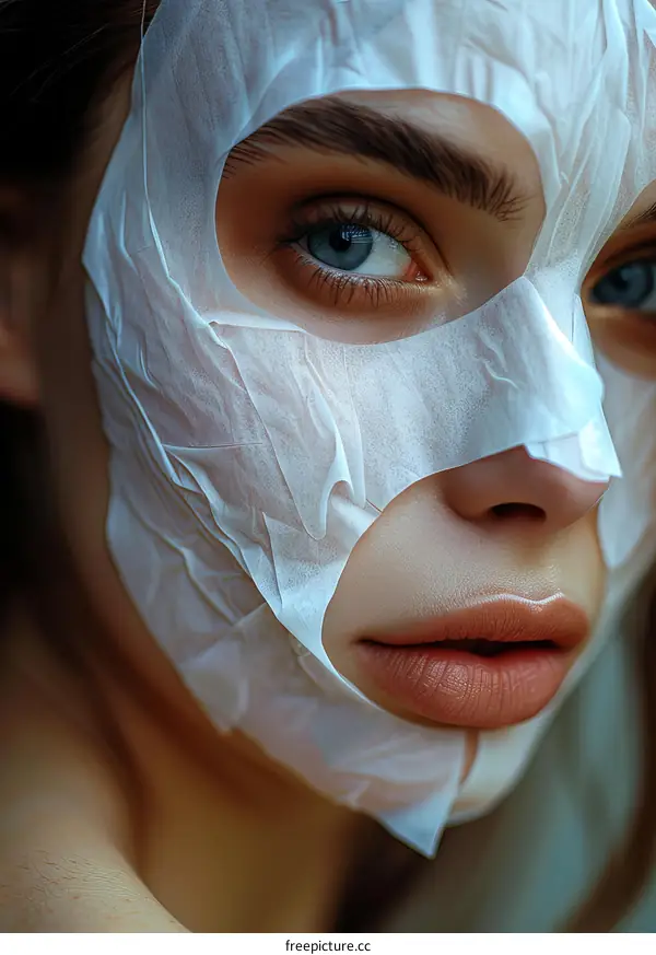 A close-up image of a young woman with a white facial mask on her face