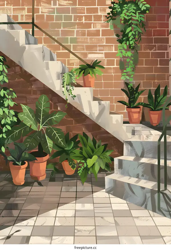 Staircase With Brick Wall and Plants Illustration