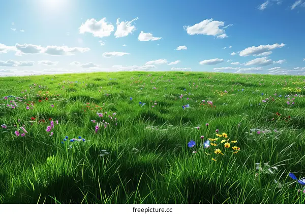 Green Grass Field with Flowers Under Blue Sky and White Clouds