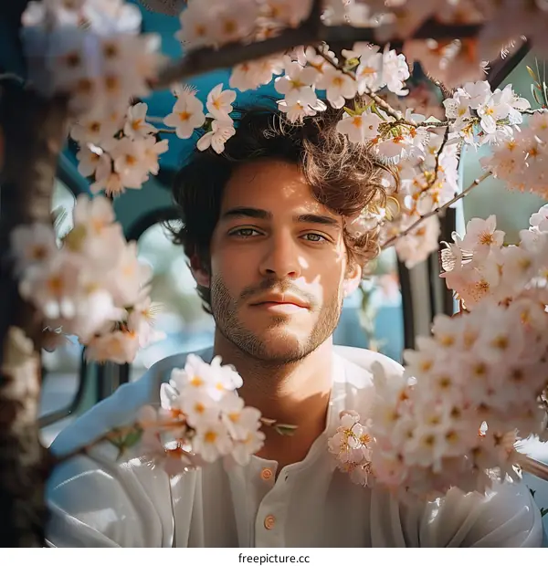 Portrait of a young man surrounded by cherry blossoms