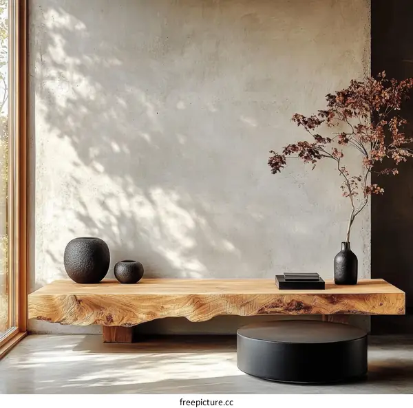 Modern Minimalist Wooden Console Table with Decorative Vases