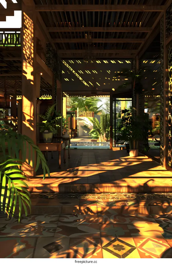 Tropical Patio with Wooden Beams and Tile Floor