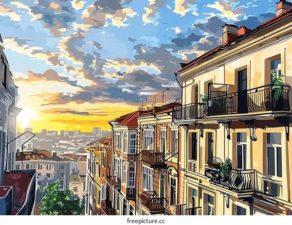 European Cityscape Illustration with Sunset Sky