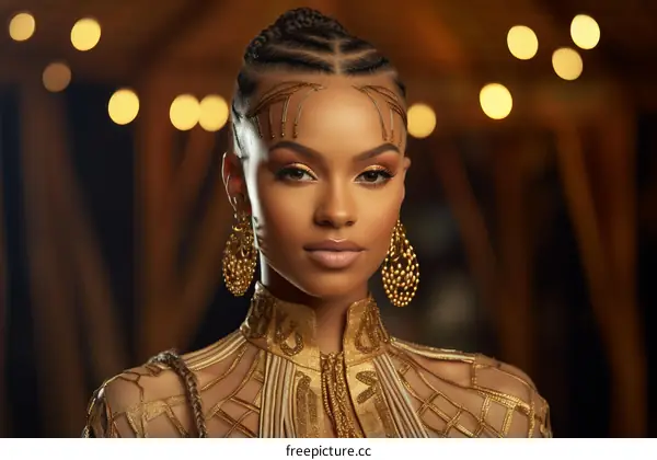portrait of a beautiful black woman wearing a golden dress and headpiece