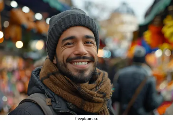 Smiling Man in a Winter Hat and Scarf, Portrait