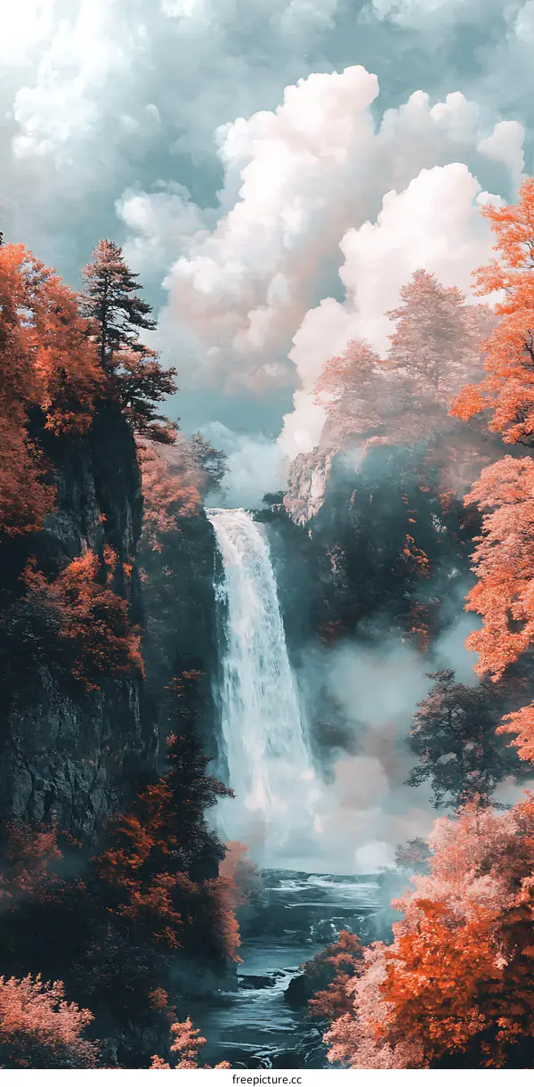 Waterfall Flowing Through Trees And Mountains