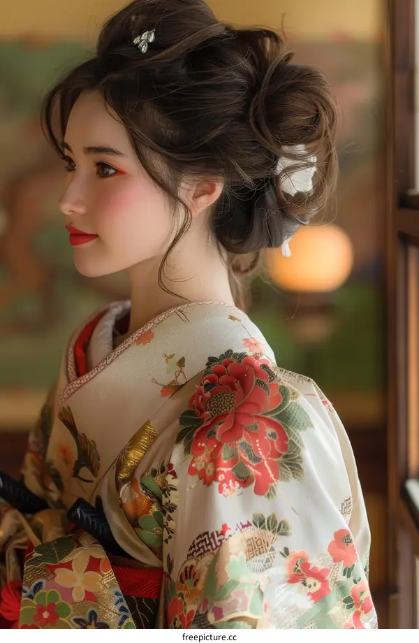 Portrait of a beautiful Japanese woman in traditional kimono