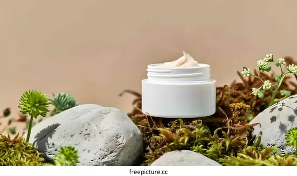 Natural Skincare Cream Jar With Rocks And Green Moss
