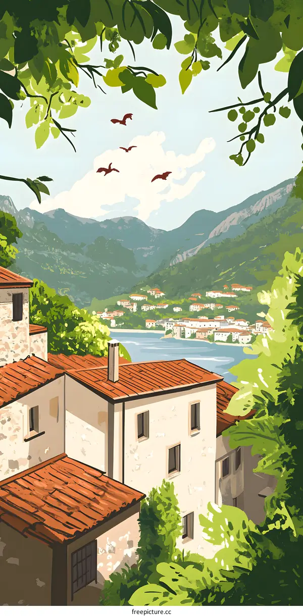 Mediterranean Village Landscape Illustration