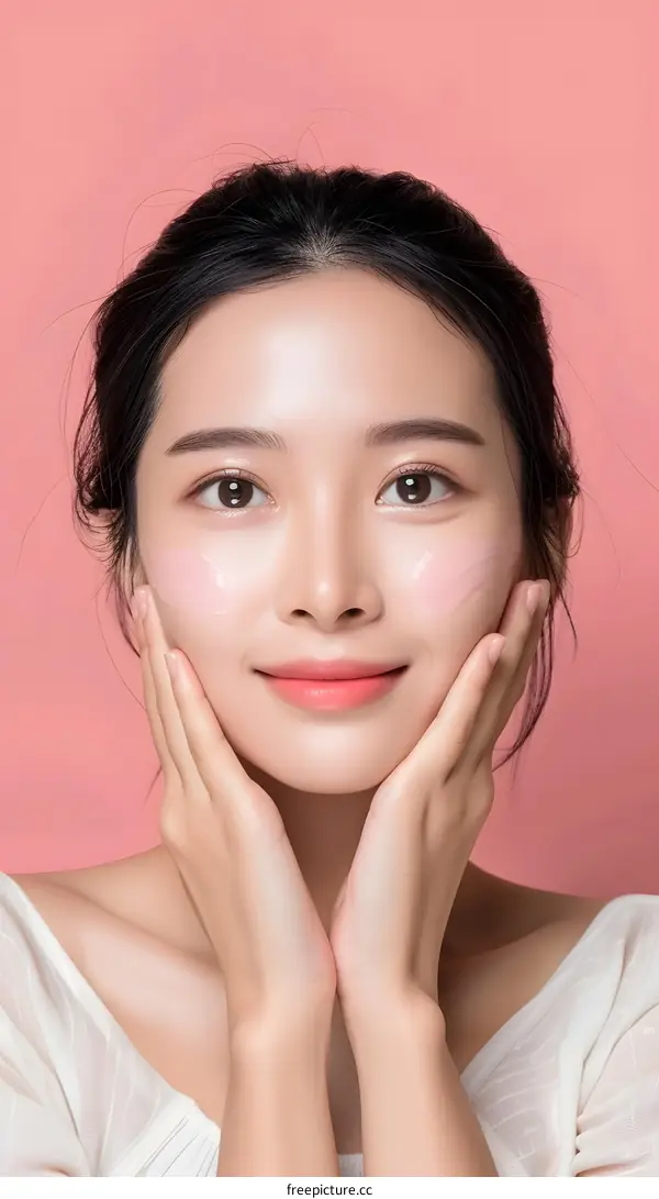 Beautiful Asian Woman Applying Skin Care Cream On Pink Background