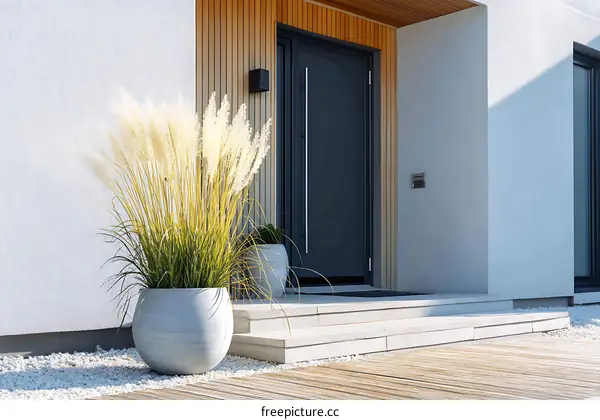 Modern House Entrance with Decorative Grass Planter
