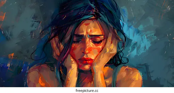 A woman with blue hair is holding her head and crying.