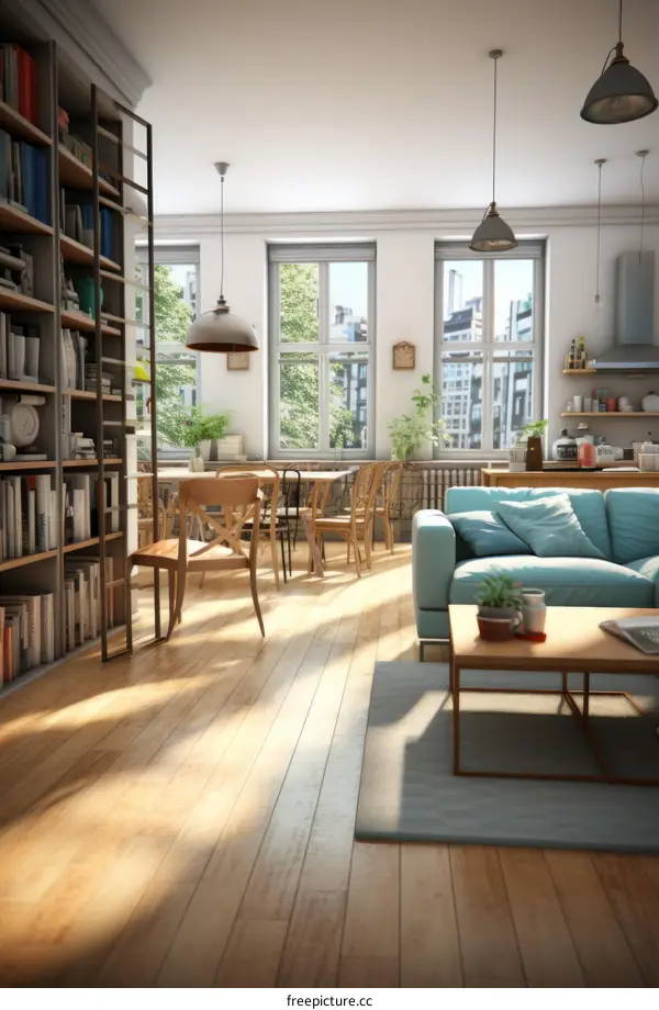 Modern Apartment Living Room with Large Bookshelf and Dining Table