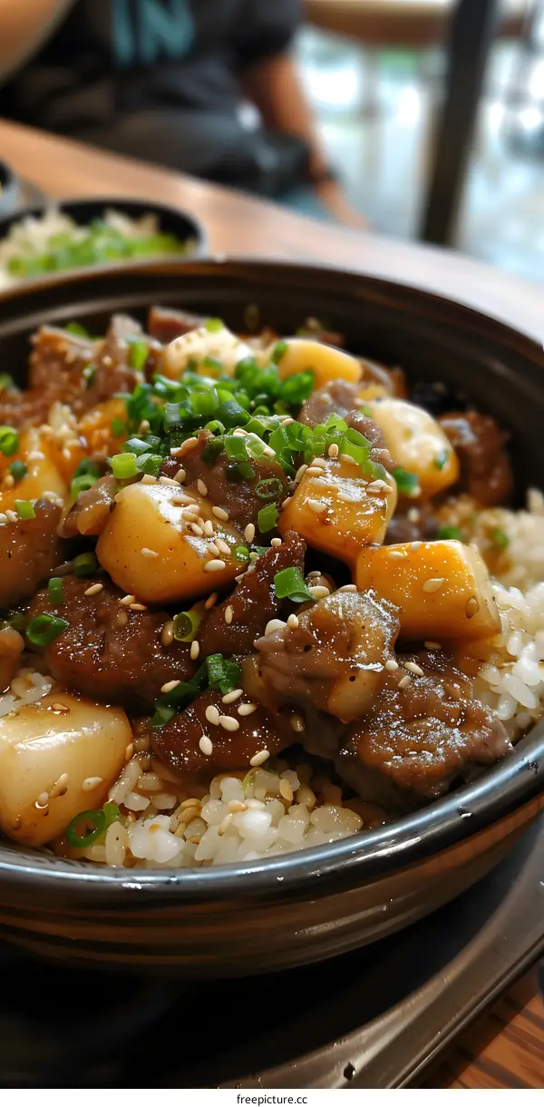 A delicious bowl of Japanese beef rice with green onion and sesame seeds