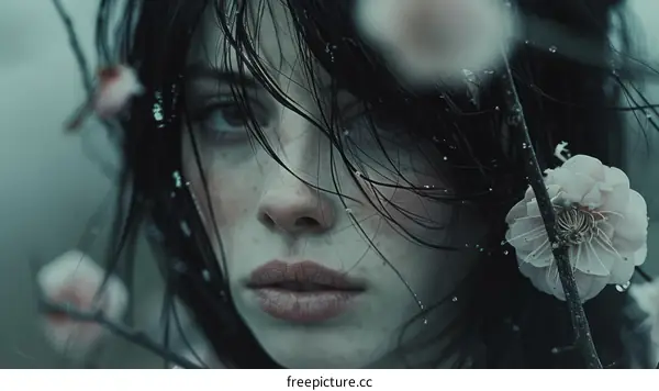 Close-Up Portrait of a Woman with Dark Hair and Pink Flowers