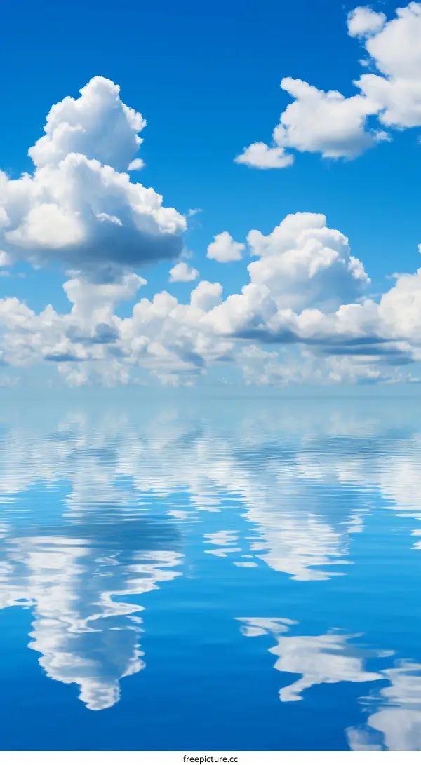 Blue sky and white clouds reflecting on the water surface