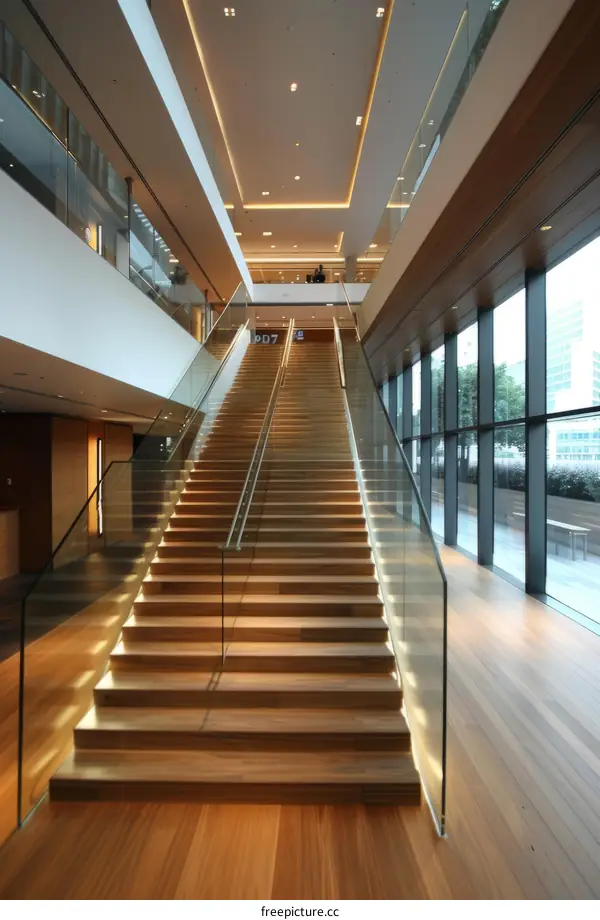 Wooden Staircase With Glass Railings In A Modern Office Building