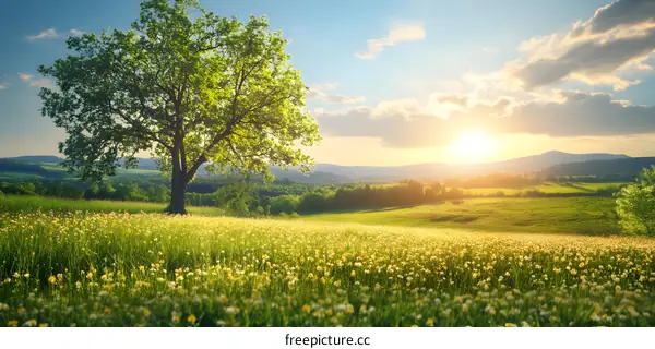 Spring Landscape with Green Tree in a Field of Flowers and Mountain Range at Sunset