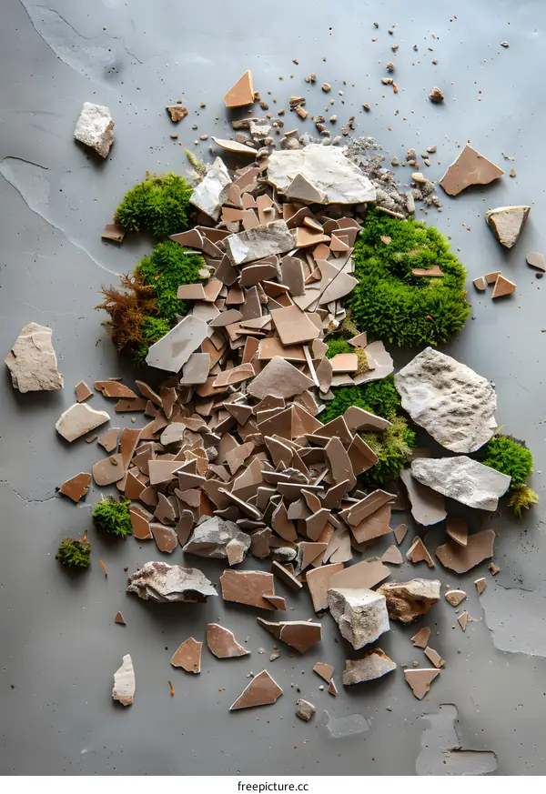 Broken Tiles and Moss on a Grey Surface