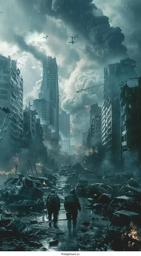 Two soldiers walking through a destroyed city