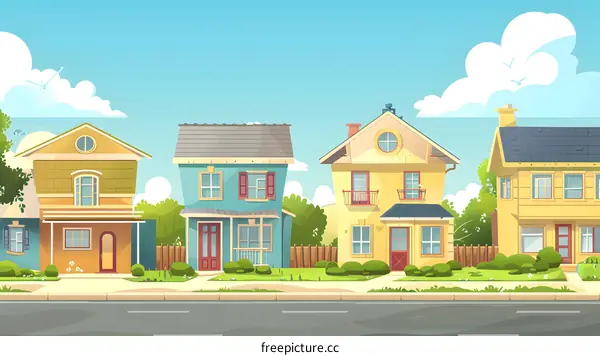 Cartoon Illustration of Suburban Neighborhood with Four Houses