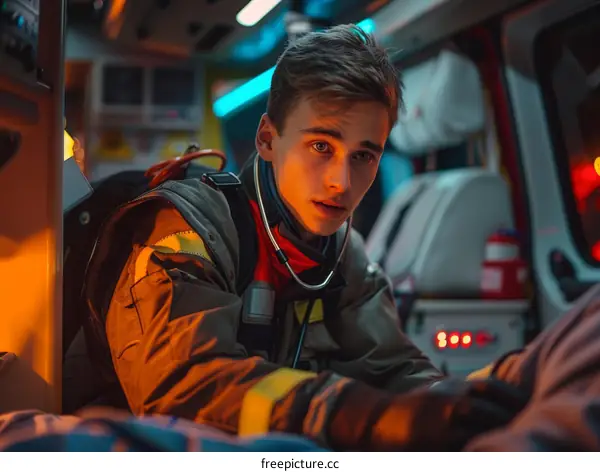 Portrait of a young male firefighter paramedic with a stethoscope around his neck