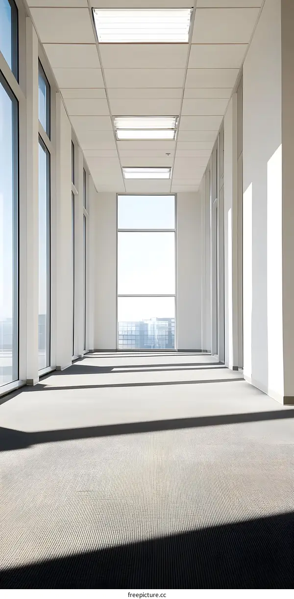 Modern Office Building Interior with Large Windows and City View