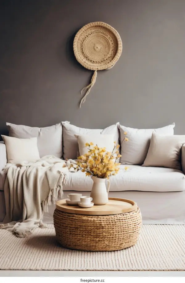 Modern Living Room Interior with Beige Sofa, Coffee Table and Green Plant