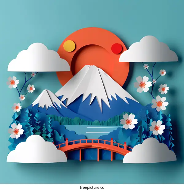 Paper cut art landscape of Mount Fuji