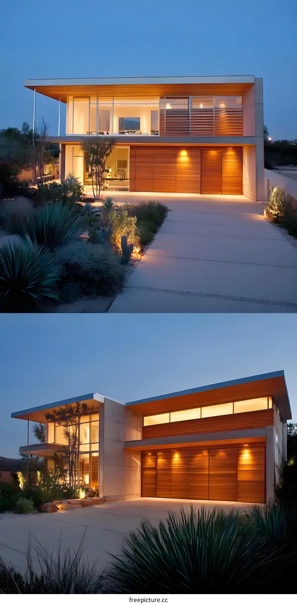 Modern House With Wooden Garage Doors and Desert Landscaping at Dusk
