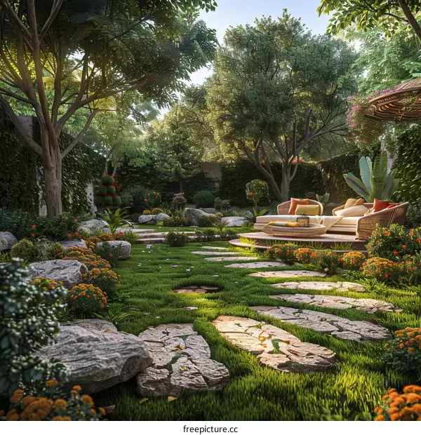 Tranquil Garden Landscape Design Illustration