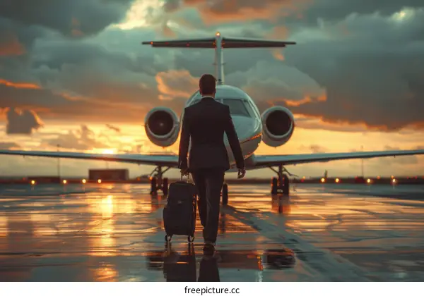 Businessman walking towards private jet at sunset