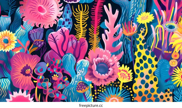 Vibrant Floral Pattern with Abstract Shapes and Bright Colors