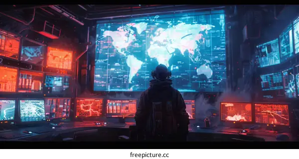 A soldier looking at a map of the world on a screen in a dark room