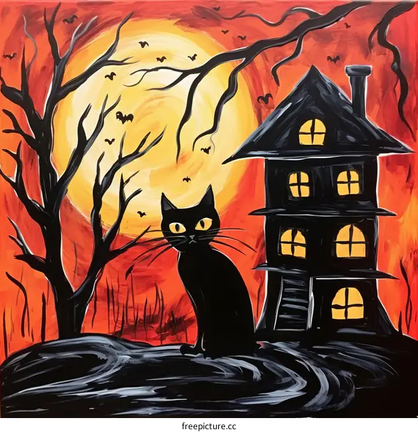 Halloween Black Cat & Haunted House