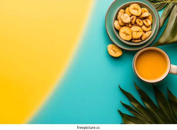 Tropical Summer Breakfast With Banana Chips and a Glass of Orange Juice