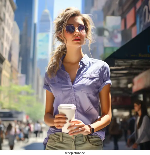 Blonde Woman in Purple Blouse Walking with Coffee on Busy Street