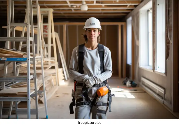 A female construction worker wearing a hard hat and safety vest stands in a building under construction.