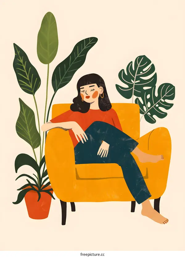 Woman Sitting In Armchair With Plants