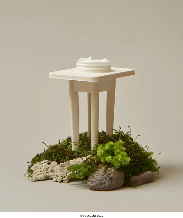 White Cream Jar On A Small Stand With Moss And Rocks