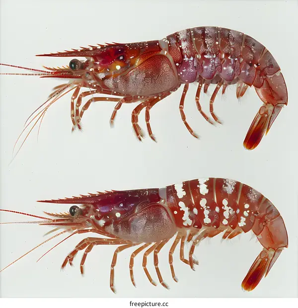 Two Red and White Shrimp on White Background