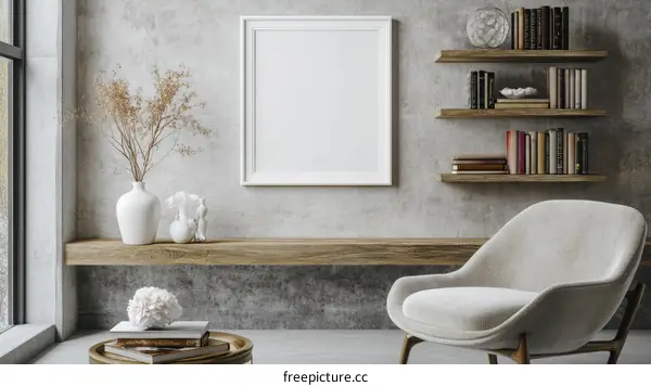 Modern Minimalist Living Room Mockup with Bookshelf