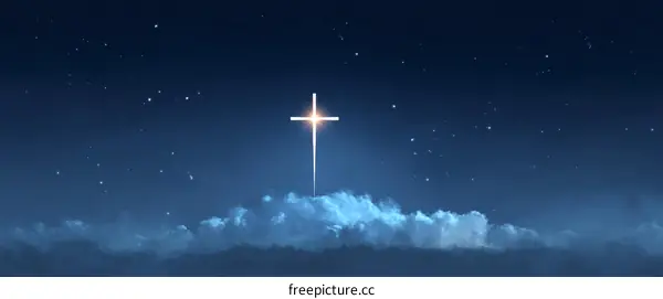 Night Sky Cross on Clouds Religious Illustration