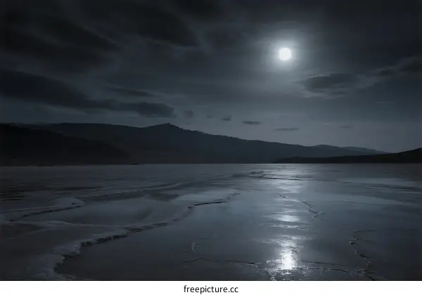 Moonlit Night Over a Vast, Quiet Salt Flat Under Dark Clouds