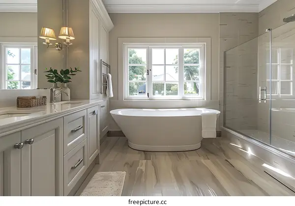 Luxury Bathroom with Wood Flooring and Bathtub, Embracing Elegance and Comfort